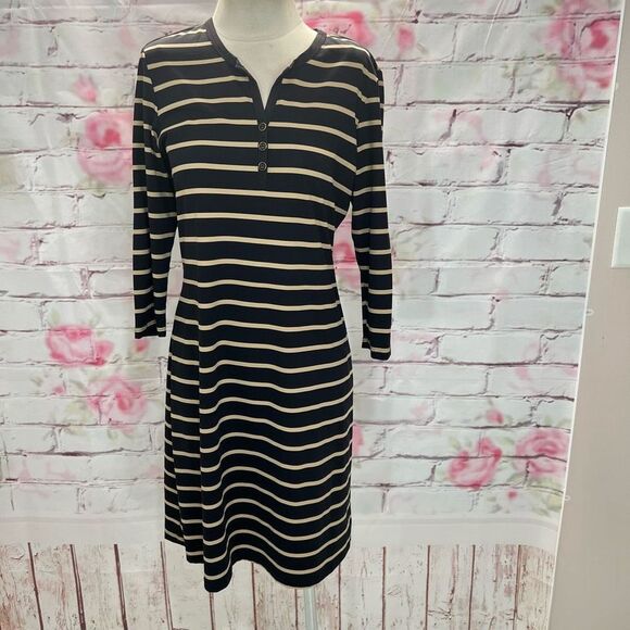 J. Mclaughlin Women's 3/4 Sleeves Black Tan Stripes Quarter Button Casual Dress - Picture 1 of 10